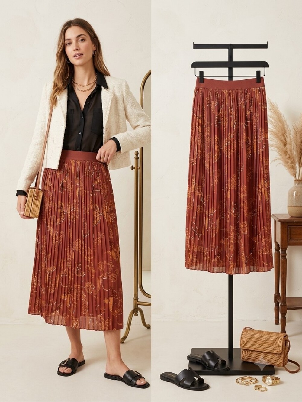MOS MOSH Pleated Midi Skirt Burgunwdy Floral Designed in Copenhagen Size M